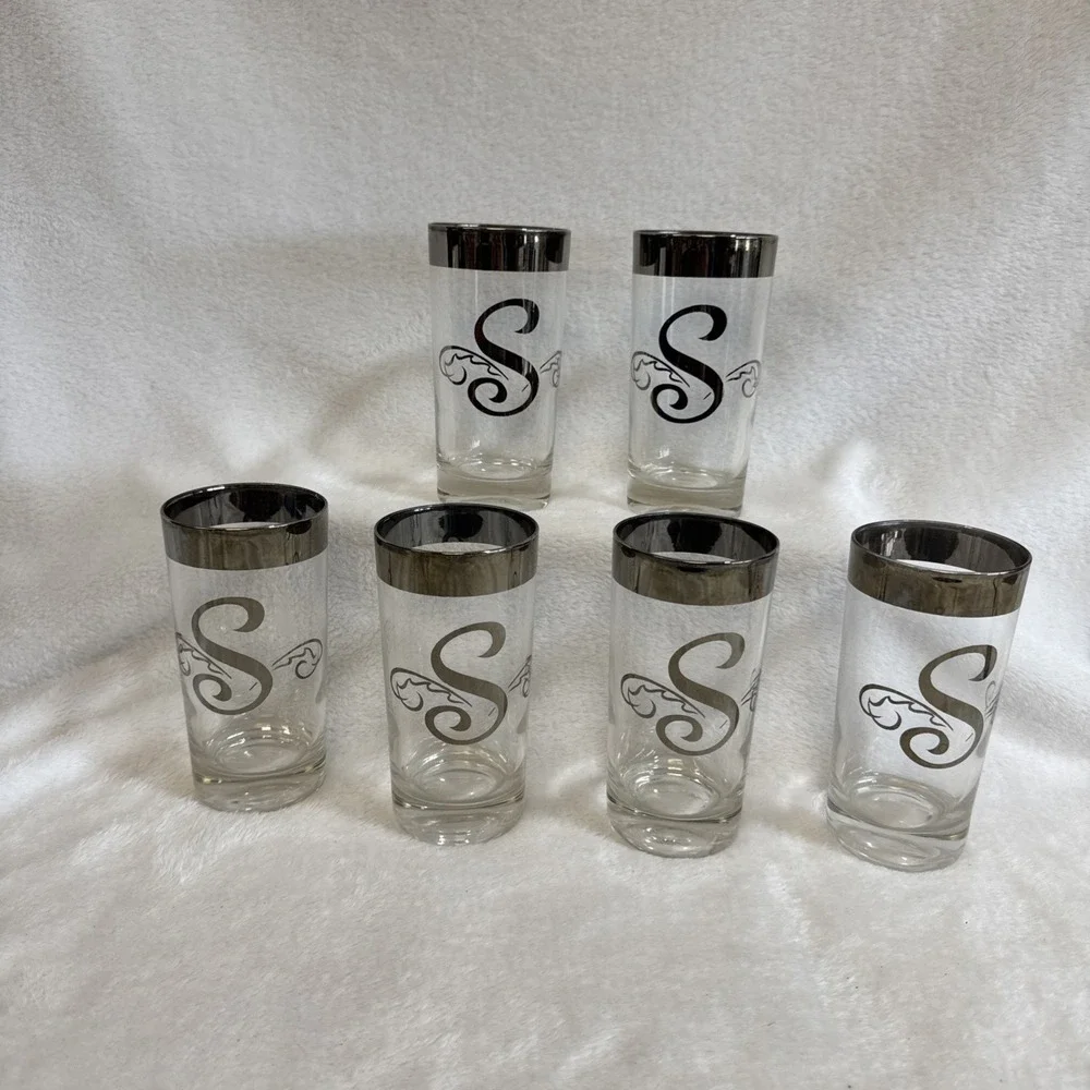 Set of 6‎ Vintage Monogrammed S Highball Glasses Silver Rimmed Barware